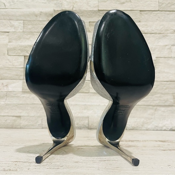 Stuart Weitzman Vintage Silver Glitter Stiletto High Heel Peep Toe Sandals 9M - Picture 13 of 15